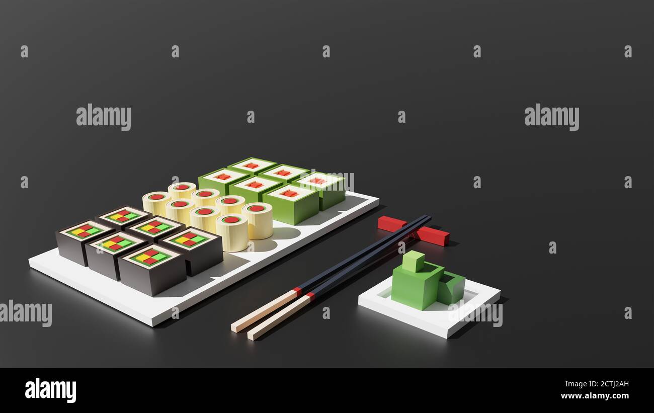 Sushi set 3d rendering modello basso poly. Panini, wasabi e bacchette di sushi su sfondo nero. Cucina giapponese, concetto di cibo fresco per il menu del ristorante Foto Stock