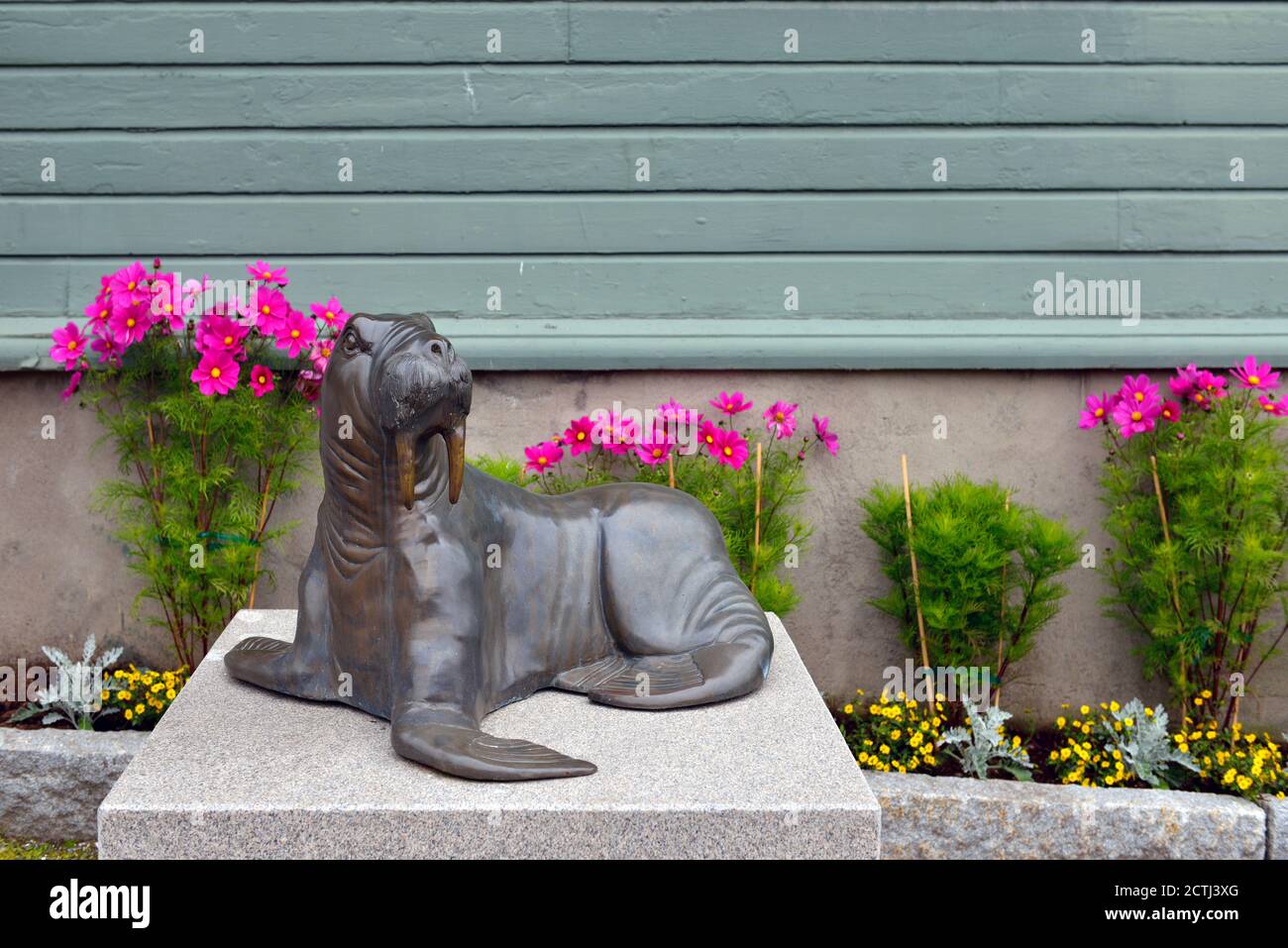 Valico di bronzo di fronte al Museo Polar a Tromso, Norvegia Foto Stock