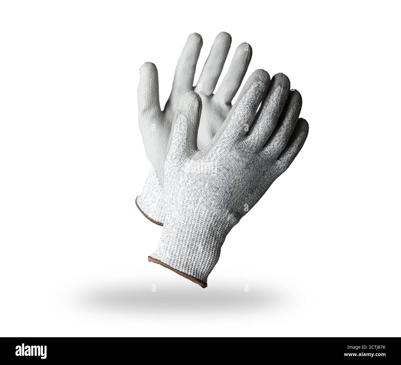 Coppia di guanti da lavoro in tessuto grigio con strato protettivo in gomma isolato su sfondo bianco con ombra morbida Foto Stock