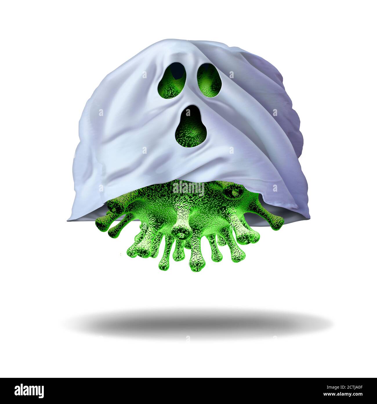 Virus fantasma come Halloween stagionale rischio di salute pubblica di covid 19 o coronavirus e simbolo di influenza con elementi di rendering 3D. Foto Stock