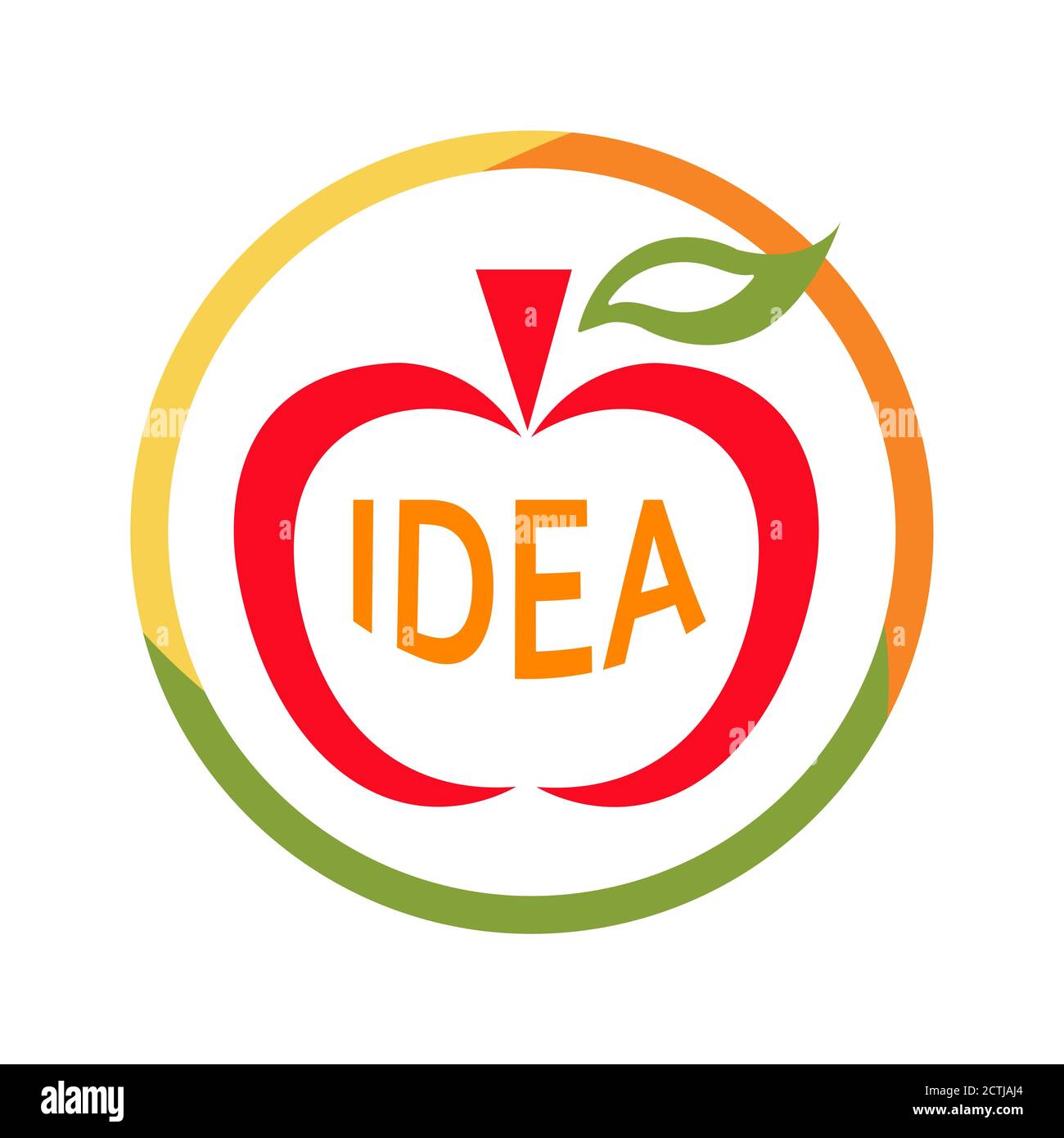 Simbolo vettore piatto idea di Apple. Astratto colorato frutto simbolo con parola idea. Creatività nel business, brainstorming, pensiero, nuove conoscenze e apprendimento Illustrazione Vettoriale