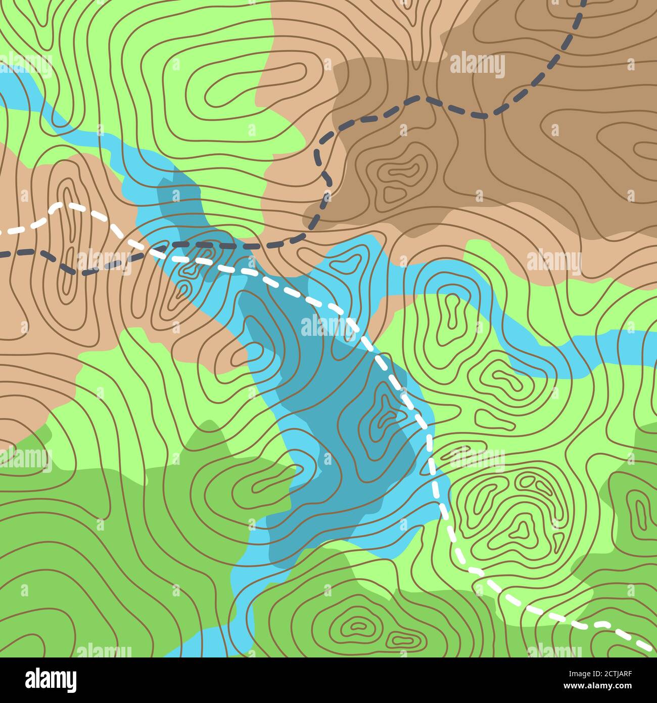 Illustrazione vettoriale della mappa topografica con foresta e flussi Illustrazione Vettoriale