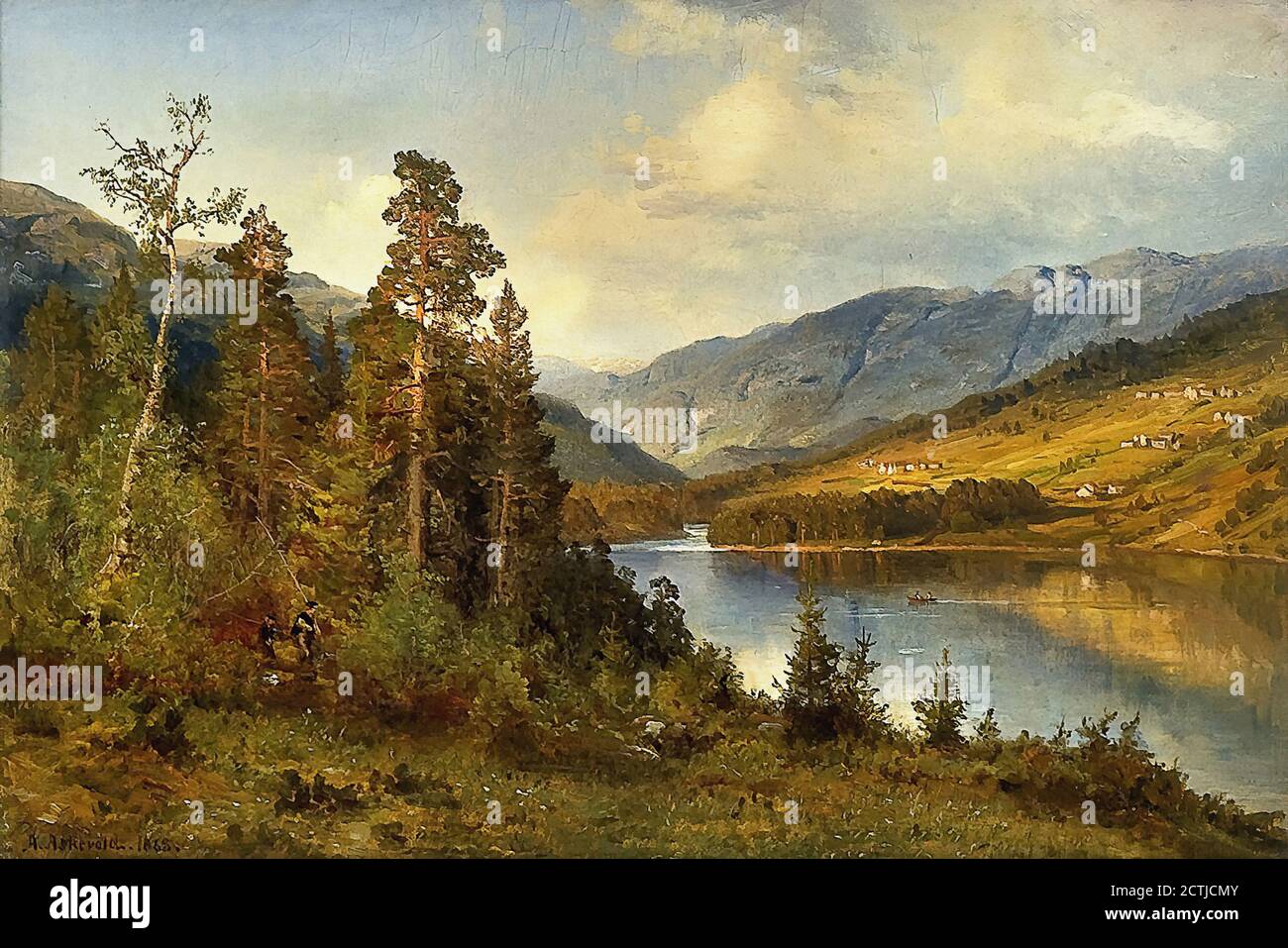 Askevold Anders Monsen - Elvelandskap Med Folkeliv - Scuola norvegese - 19 ° secolo Foto Stock