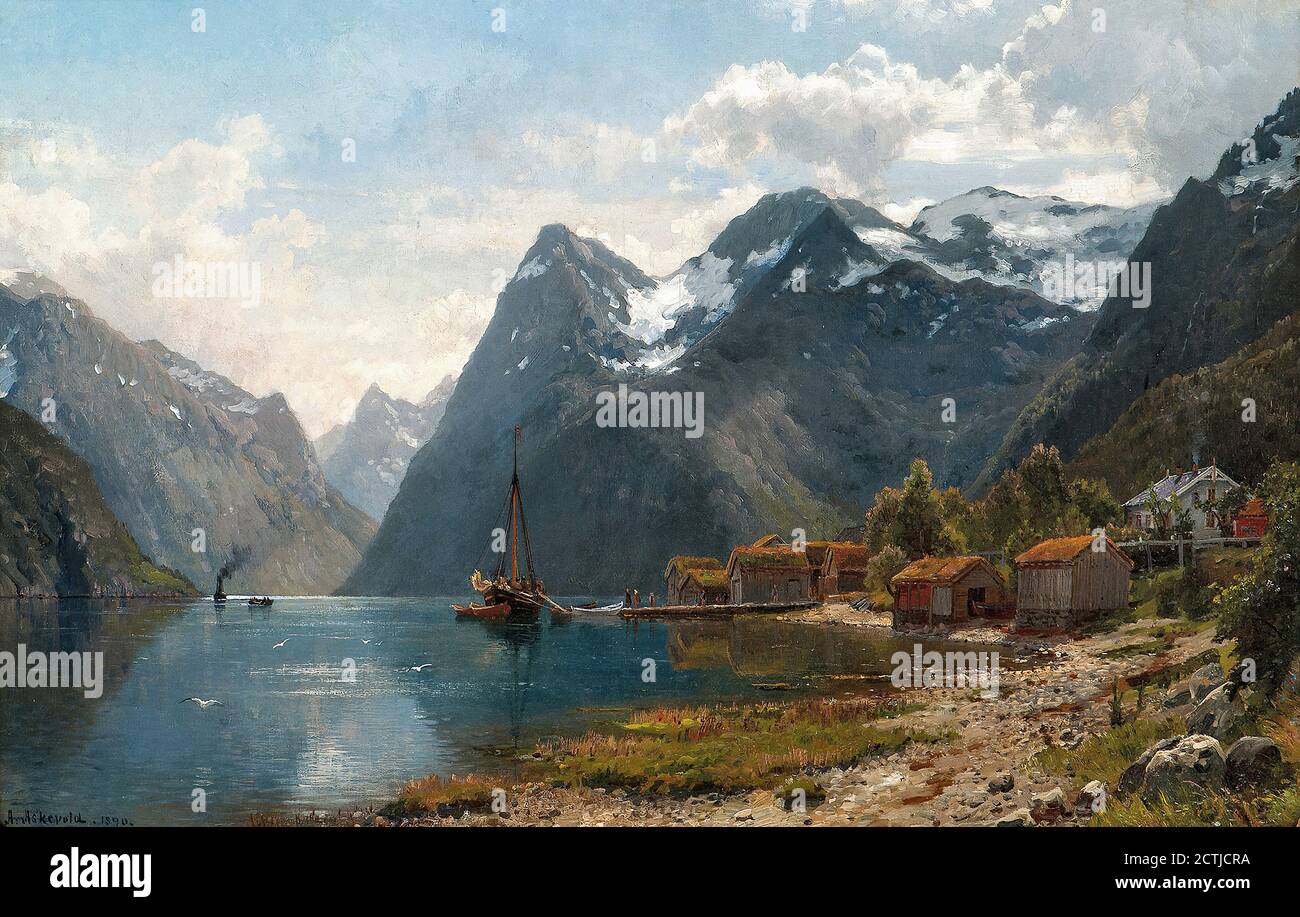 Askevold Anders Monsen - Fjordlandskap Med Folkeliv Dampbåten Kommer 1 - Scuola norvegese - 19 ° secolo Foto Stock