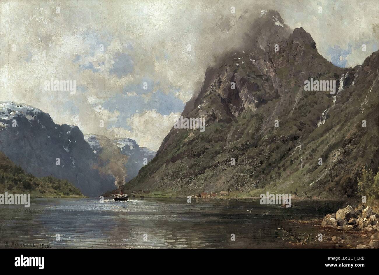 Askevold Anders Monsen - Fjordlandskap Med Dampbåt Og Folkeliv - Scuola norvegese - 19 ° secolo Foto Stock