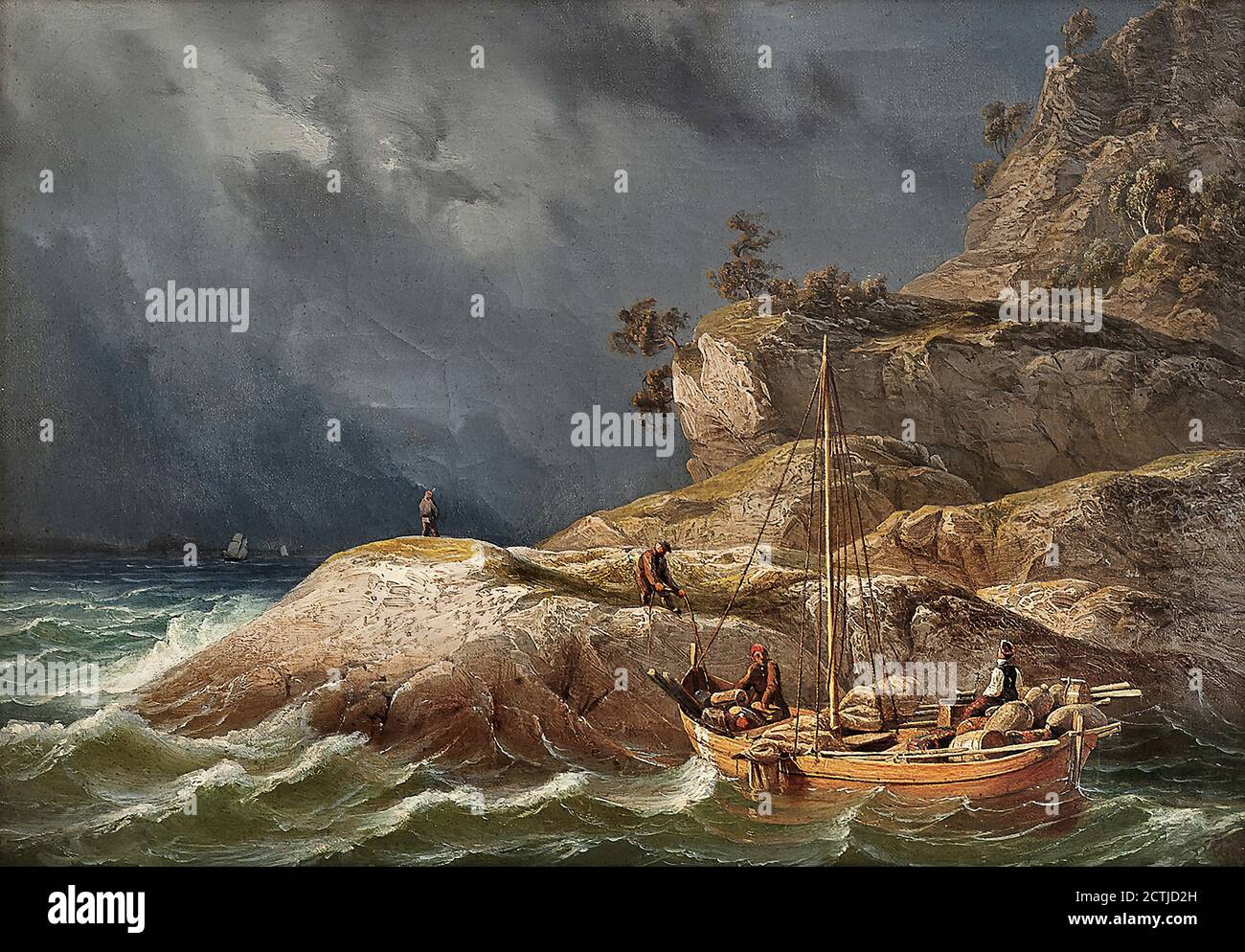 Baade Knud Andreassen - Fjordlandskap Med Folkeliv - Scuola norvegese - 19 ° secolo Foto Stock