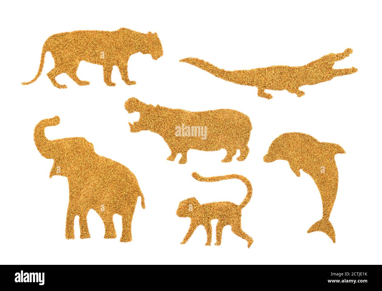 Collezione di animali selvatici dorati fatti di glitter Foto Stock