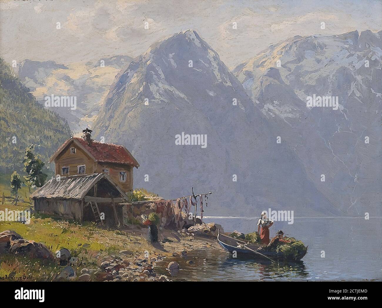 Dahl Hans Andreas - Fjordlandskap Med Folkeliv - Scuola norvegese - 19 ° secolo Foto Stock