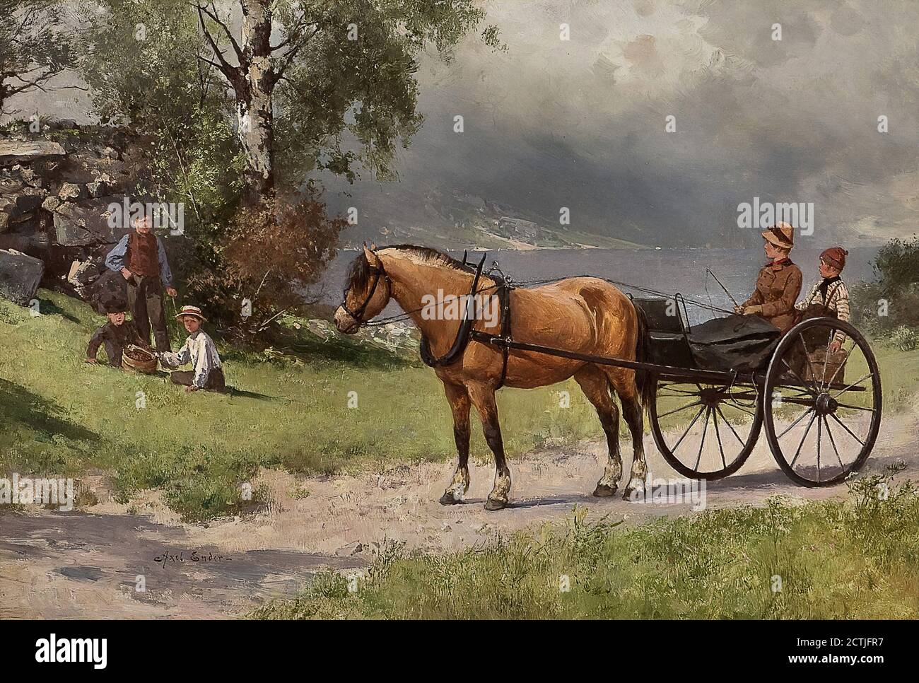 Ender Axel Hjalmar - Kystlandskap Med Hest Vogn Og Folkeliv - Scuola norvegese - 19 ° secolo Foto Stock