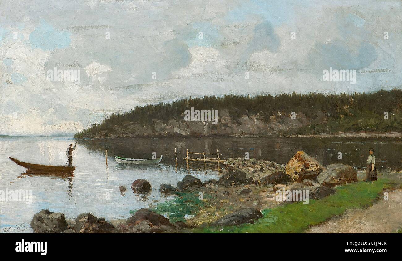 Muller Morten - Fjordlandskap Med Folkeliv - Scuola di Norvegia - 19 ° secolo Foto Stock