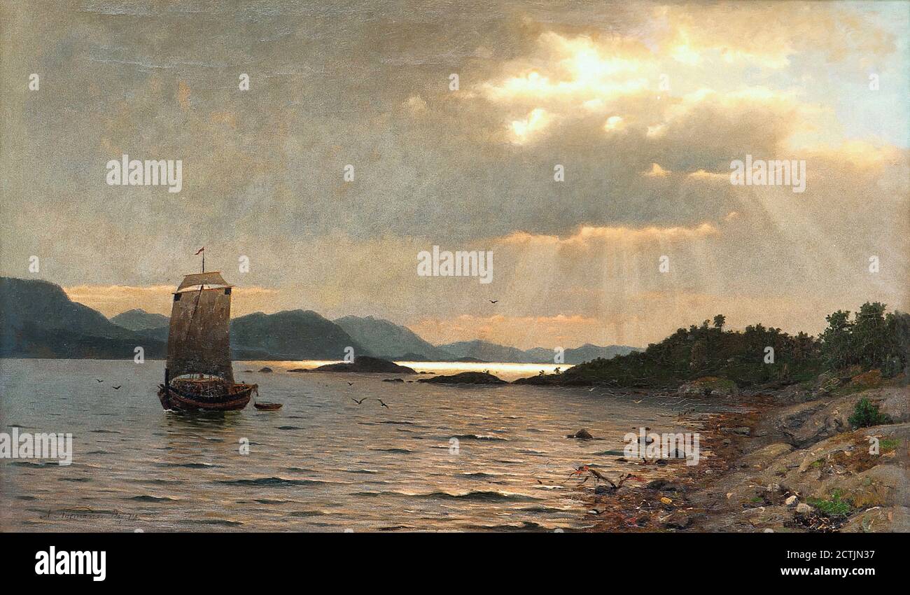 Normann Adelsteen - Fjordlandskap Med Folkeliv - Scuola di Norvegia - 19 ° secolo Foto Stock