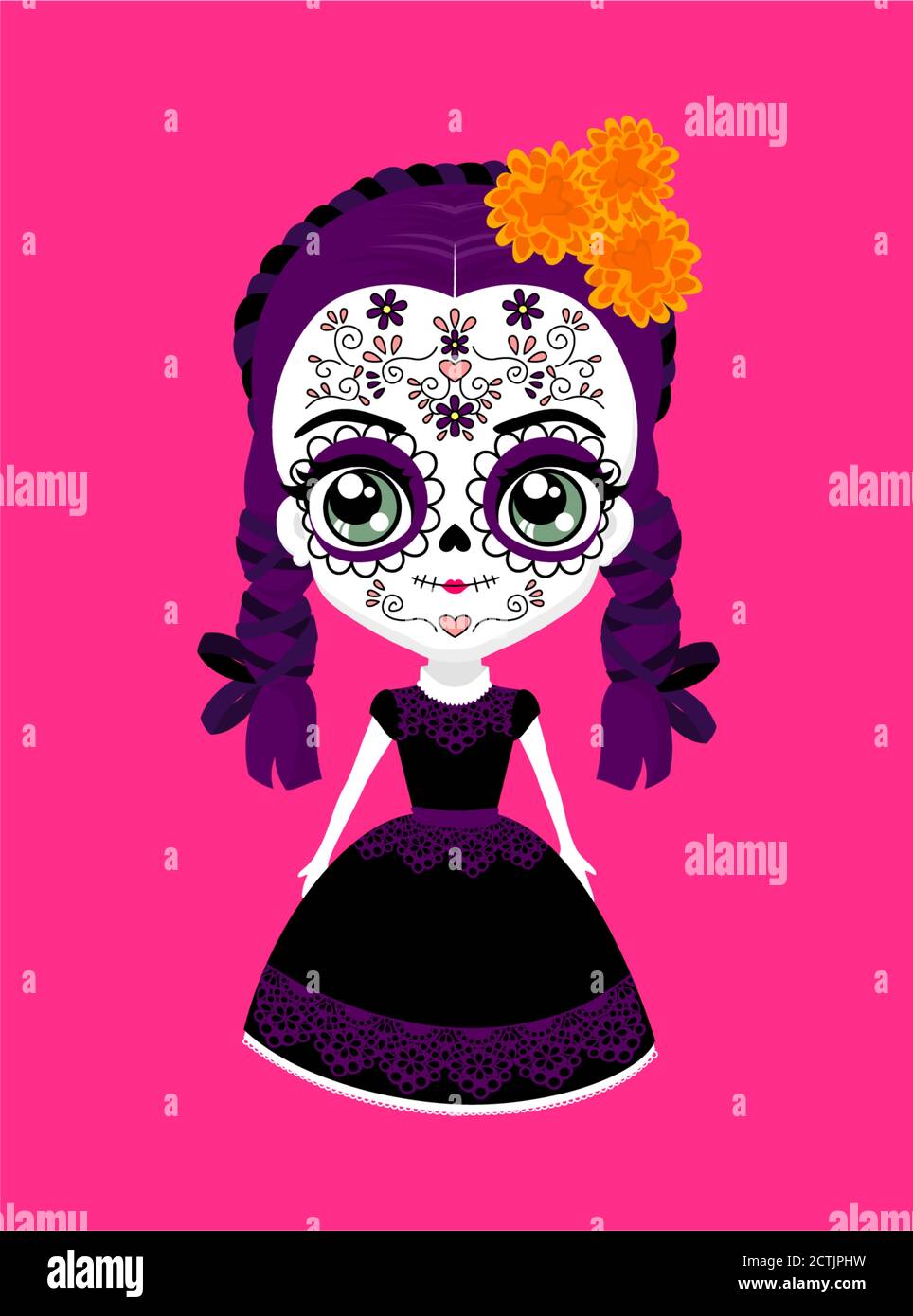 carina bambola messicana catrina con cranio a zucchero tradizionale compongono la celebrazione di dia de muertos e fiori di cempasuchil (marigold azteco). isolato su pi Illustrazione Vettoriale