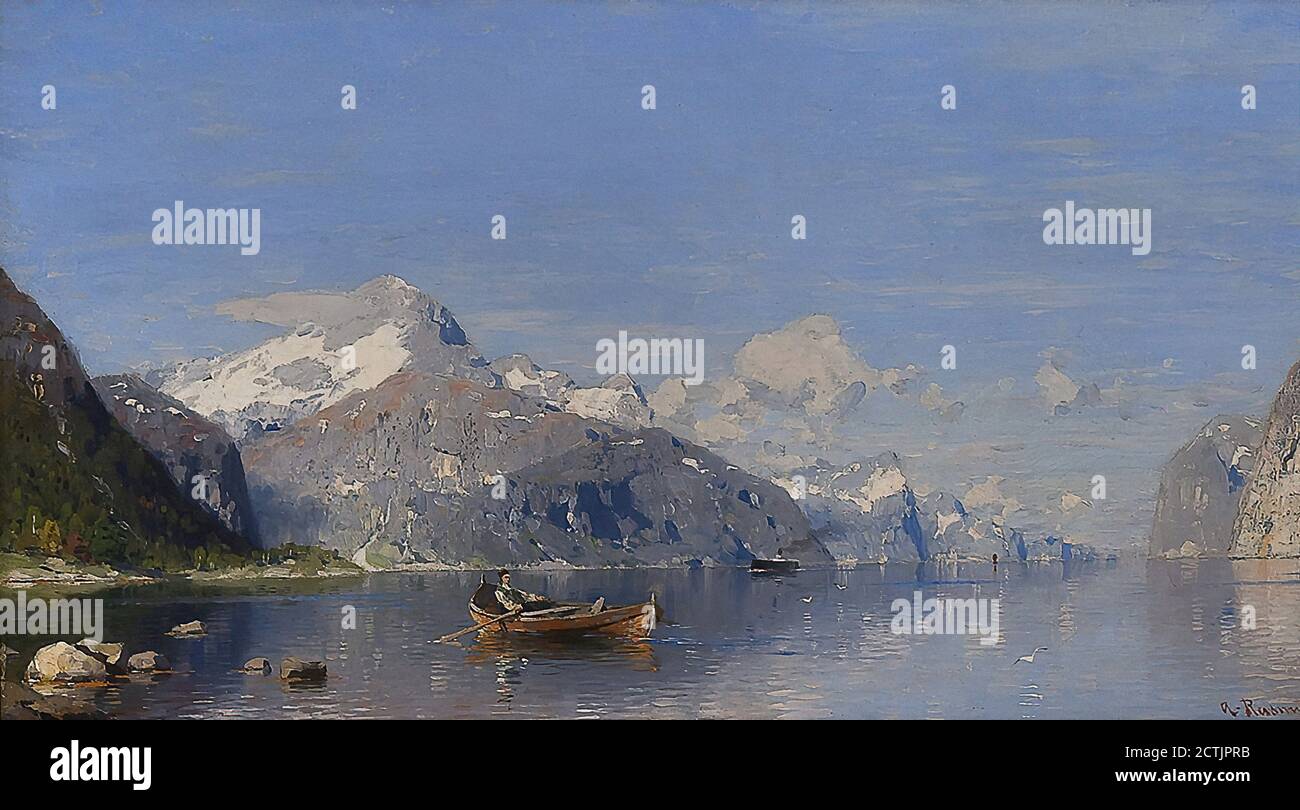 Rasmussen Georg Anton - Fjordlandskap Med Folkeliv 1 - Norvegese Scuola - 19 ° secolo Foto Stock