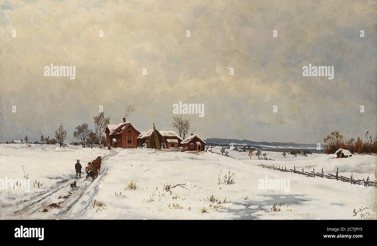 Schive Jacob Oxholm - Vinterlandskap Med Gårdsbruk Og Folkeliv - Scuola norvegese - 19 ° secolo Foto Stock