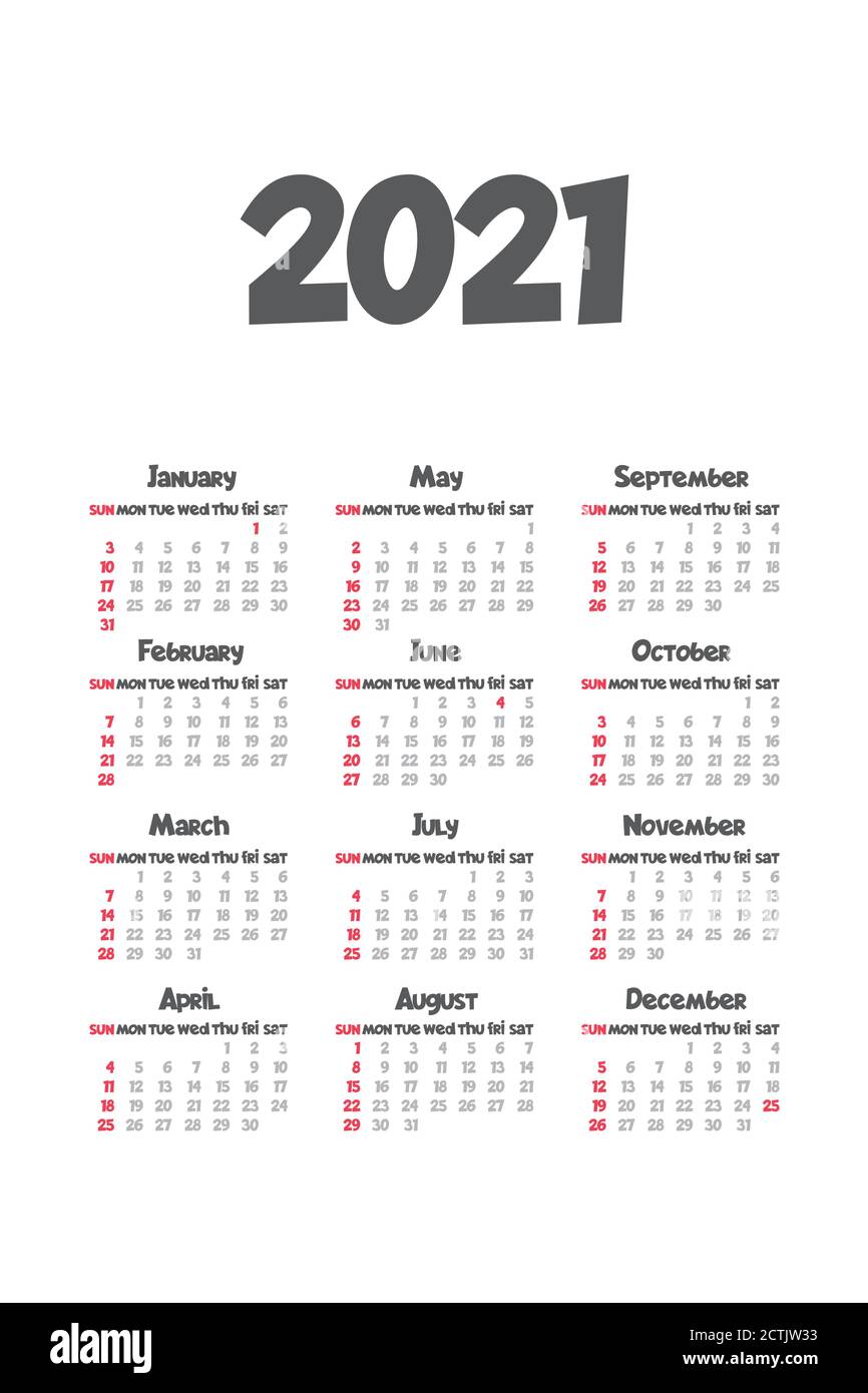 2021 modello di calendario mensile colore bianco isolato Illustrazione Vettoriale