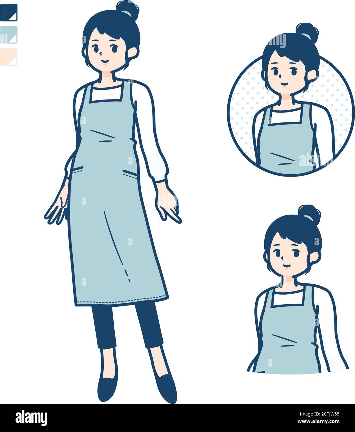 Una donna in grembiule con immagini di posa rilassate. Si tratta di grafica vettoriale, quindi è facile da modificare. Illustrazione Vettoriale