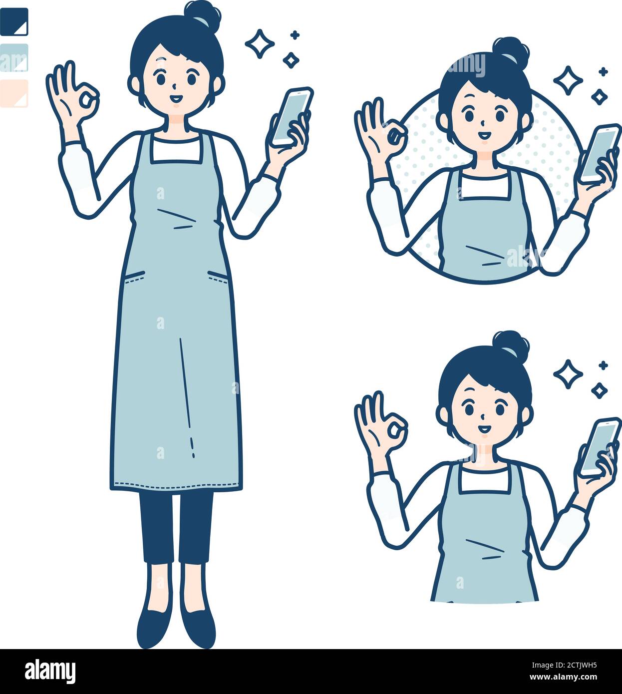 Una donna in un grembiule con tenere uno smartphone e fare un OK segno immagini. Si tratta di grafica vettoriale, quindi è facile da modificare. Illustrazione Vettoriale