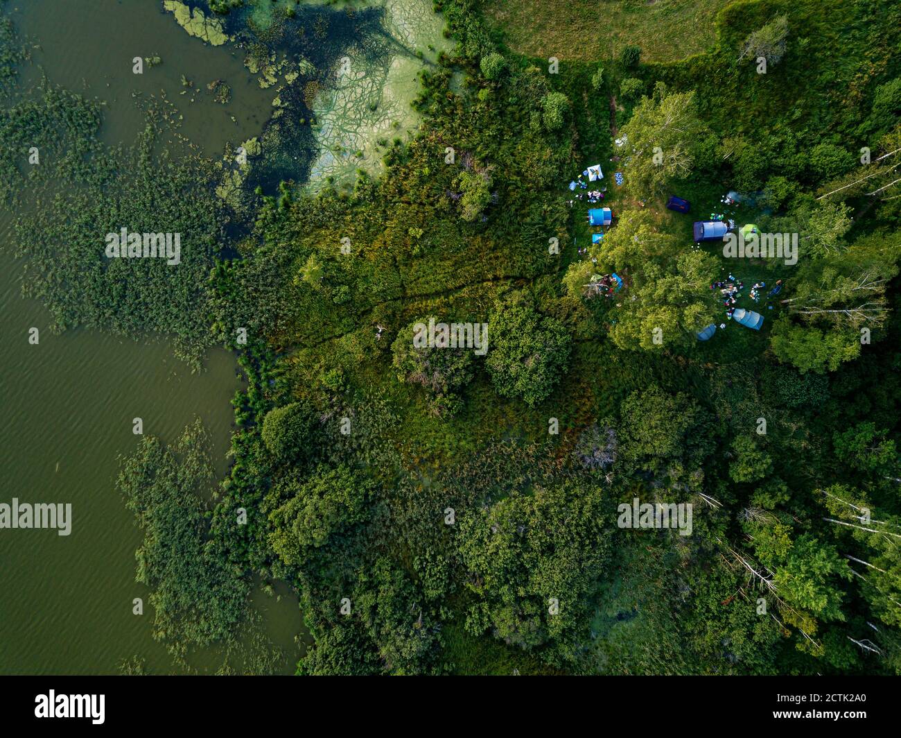 Vista aerea delle tende sulla riva verde di Torbeyevskoye lago Foto Stock