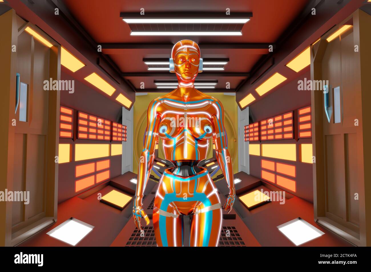 Rappresentazione tridimensionale di gynoide in piedi in corridoio futuristico all'interno navicella spaziale o stazione spaziale Foto Stock