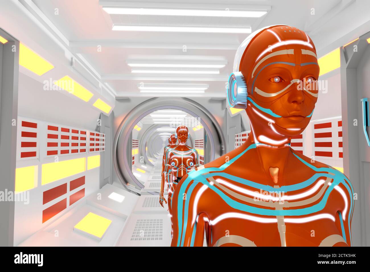 Rappresentazione tridimensionale di gynoidi che si trovano lungo il corridoio futuristico all'interno navicella spaziale o stazione spaziale Foto Stock
