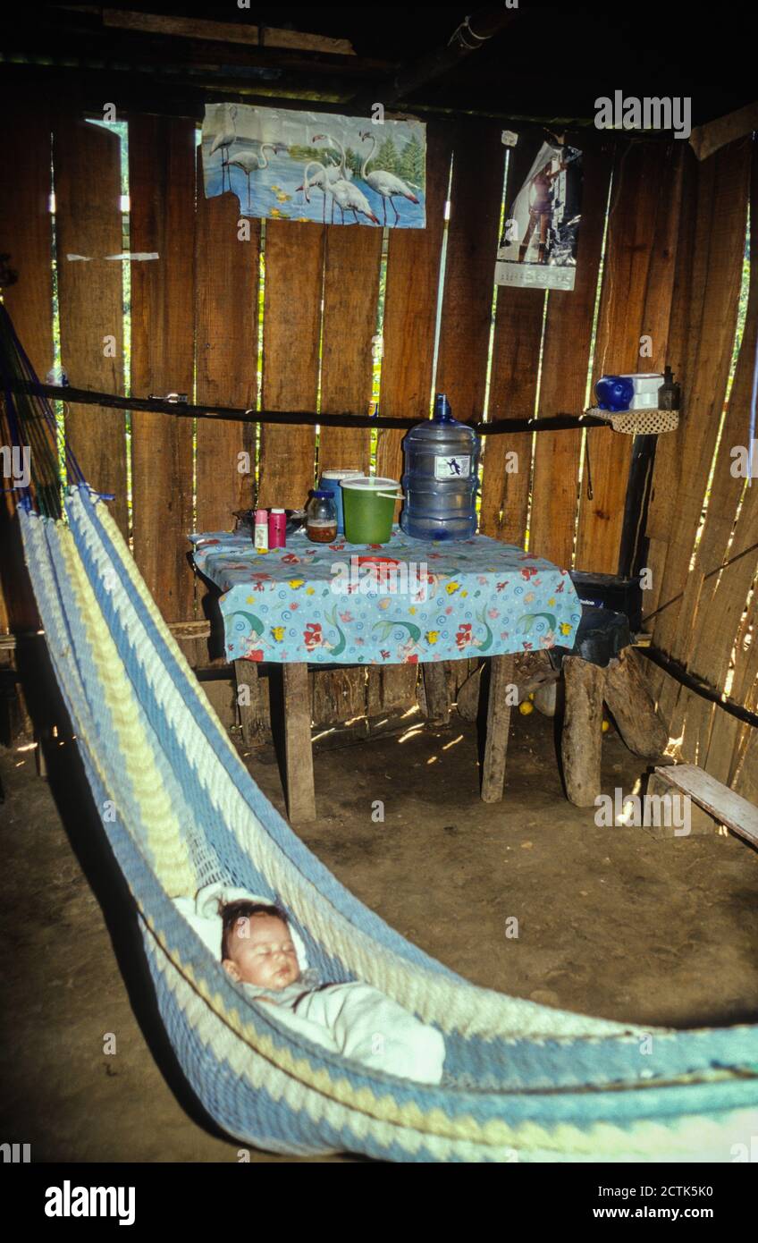 Vicino a El Naranjal, Honduras. Bambino dormiente in amaca in Rifugio contadino. Foto Stock