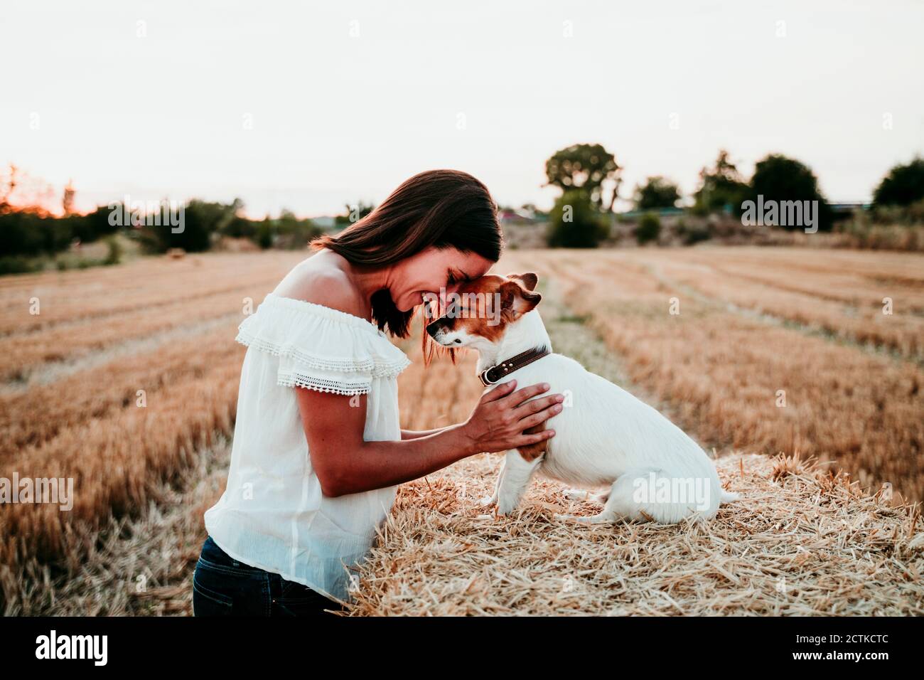 Donna che gioca con il cane sulla balla di paglia durante il tramonto Foto Stock