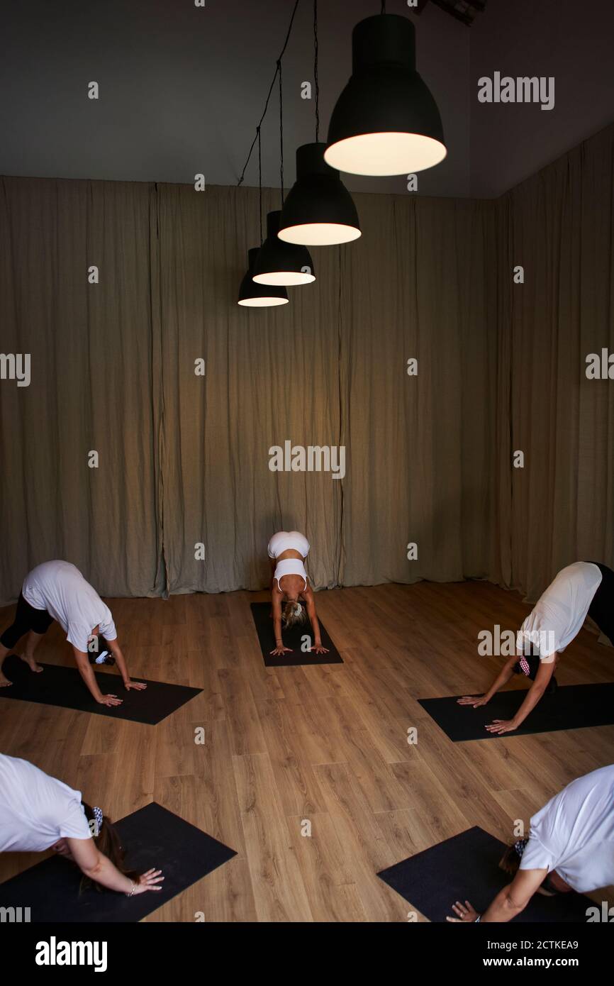 Istruttore di yoga con le donne che praticano la posizione verso il basso del cane dentro studio Foto Stock