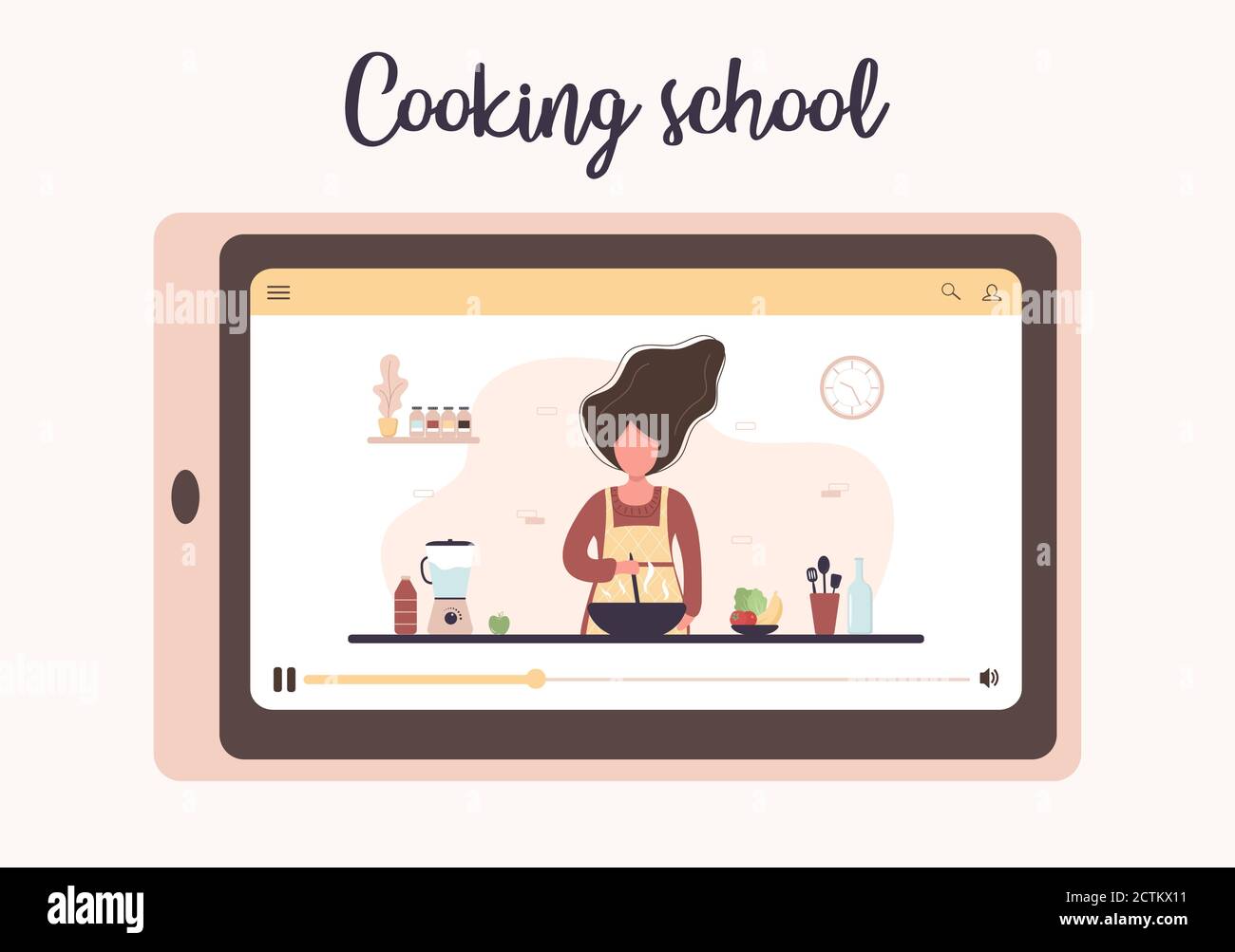 Scuola di cucina. Master class culinario online. Ragazza che prepara pasti fatti in casa per pranzo o cena. Lo chef insegna a cucinare. Imparare a casa. Piatto Illustrazione Vettoriale