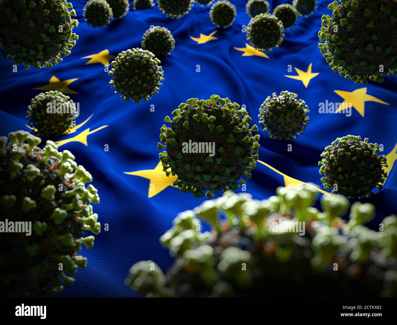 COVID-19 molecole di Coronavirus sulla bandiera dell'Unione europea - crisi sanitaria in aumento casi COVID - Europa Virus vittime pandemiche: Pericolo di sensibilizzazione ai viaggi Foto Stock