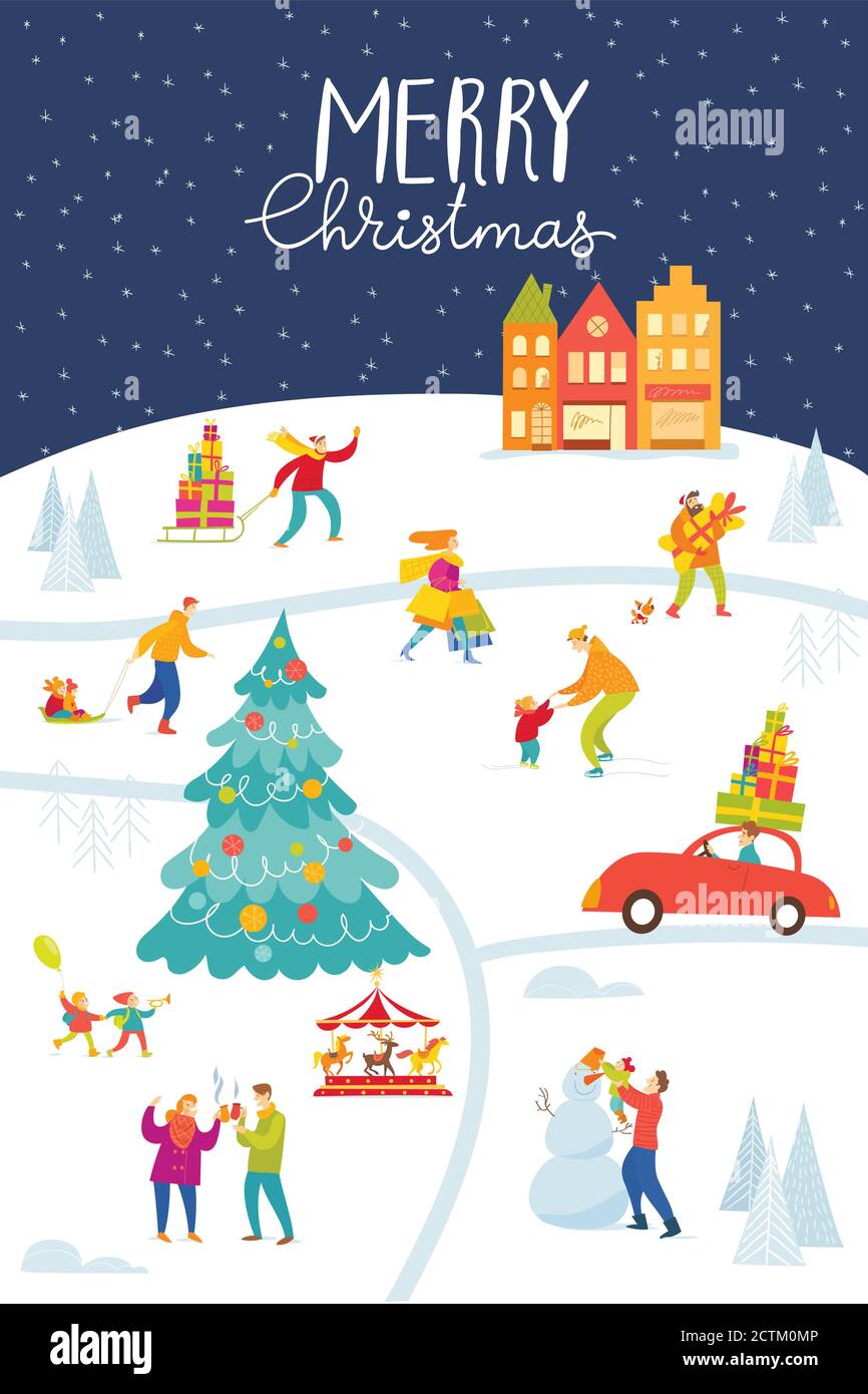 Carta o poster del mercatino di Natale con mappa della città e le persone che svolgono attività invernali. Illustrazione Vettoriale