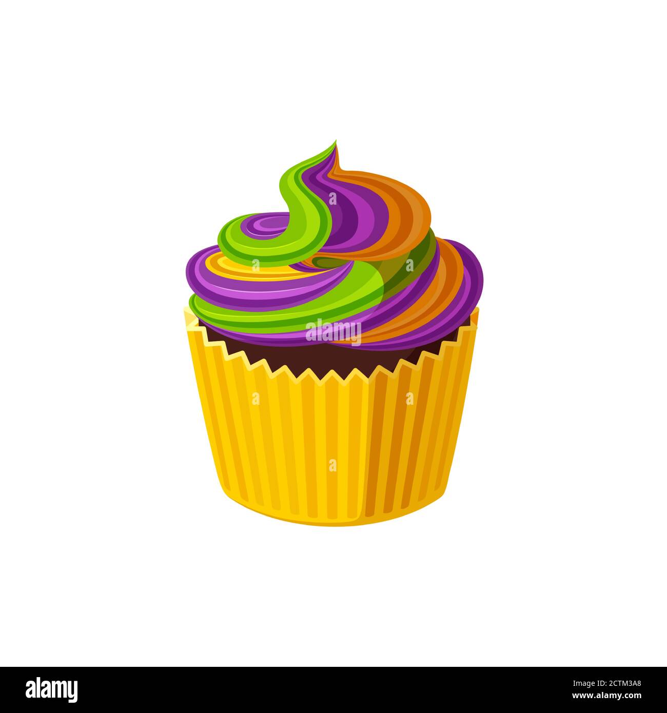 Cupcake con panna roteata. Gustoso dessert di compleanno con glassa di arcobaleno viola, giallo e verde. Illustrazione vettoriale in simpatico stile cartoon Illustrazione Vettoriale