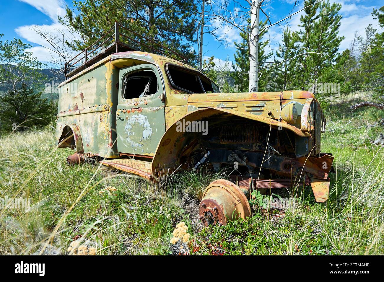Vecchio relitto arrugginito di un camion di vecchi tempi di guerra lasciato in un'area boschiva e erbosa vicino al fiume Chilco, British Columbia, Canada, America del Nord Foto Stock