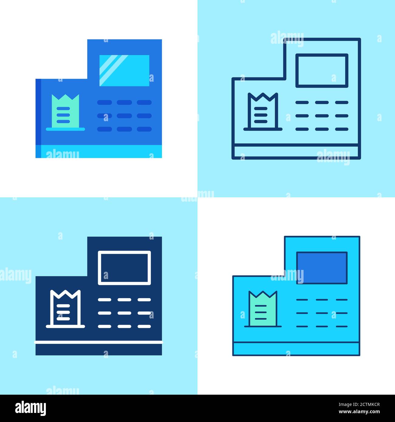 Icona del registratore di cassa impostata in stile piatto e lineare Illustrazione Vettoriale