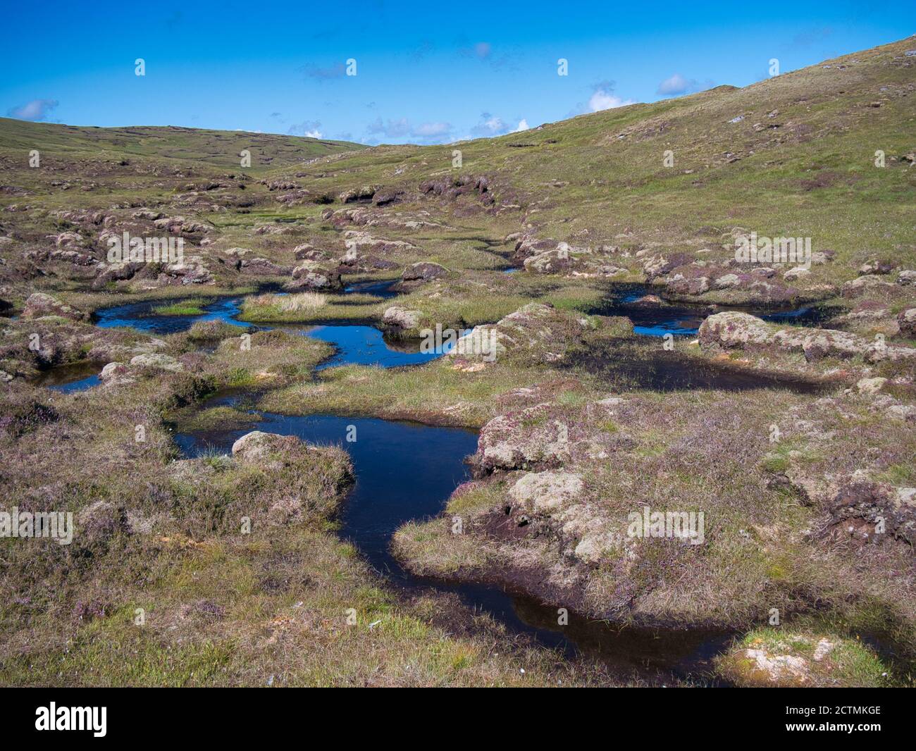 Un'area umida che forma torba vicino a Hoo Field, VOE sulla terraferma, Shetland, Regno Unito Foto Stock