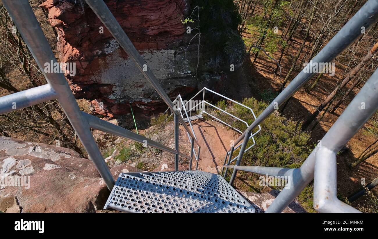 Guardando giù alle scale di metallo che conducono alla cima di una roccia di arenaria circondata da foresta vicino al villaggio di Dahn, Foresta di Palatinato, Renania-Palatinato. Foto Stock