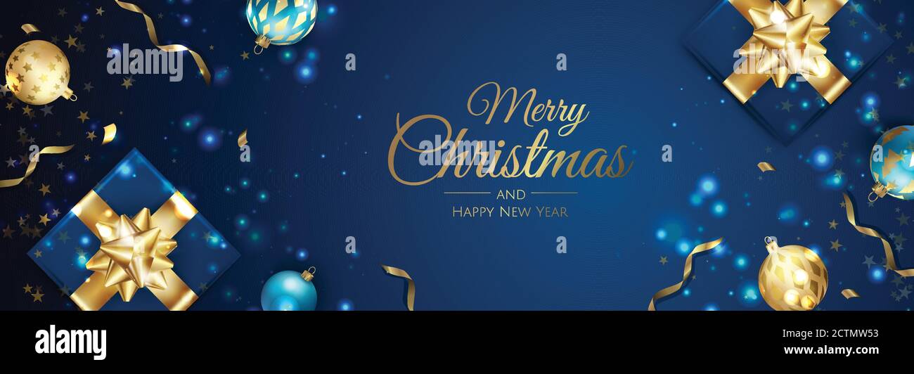 Buon Natale e Felice Anno Nuovo. Sfondo xmas con poinsettia, Snowflakes, stella e palline design. Illustrazione Vettoriale