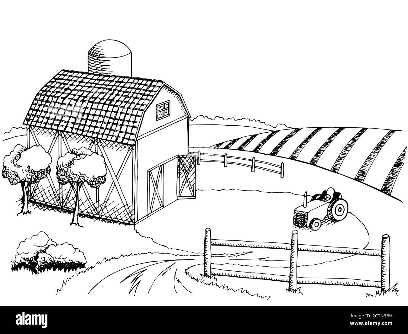 Campo agricolo grafico arte bianco nero illustrazione del paesaggio vettore Illustrazione Vettoriale