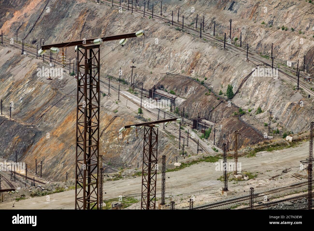 Minerali grezzi minerari a cielo aperto per la produzione di acciaio. Cava di minerale di ferro a Rudny, Kazakistan. Montanti elettrici e ferrovia giù. Foto Stock
