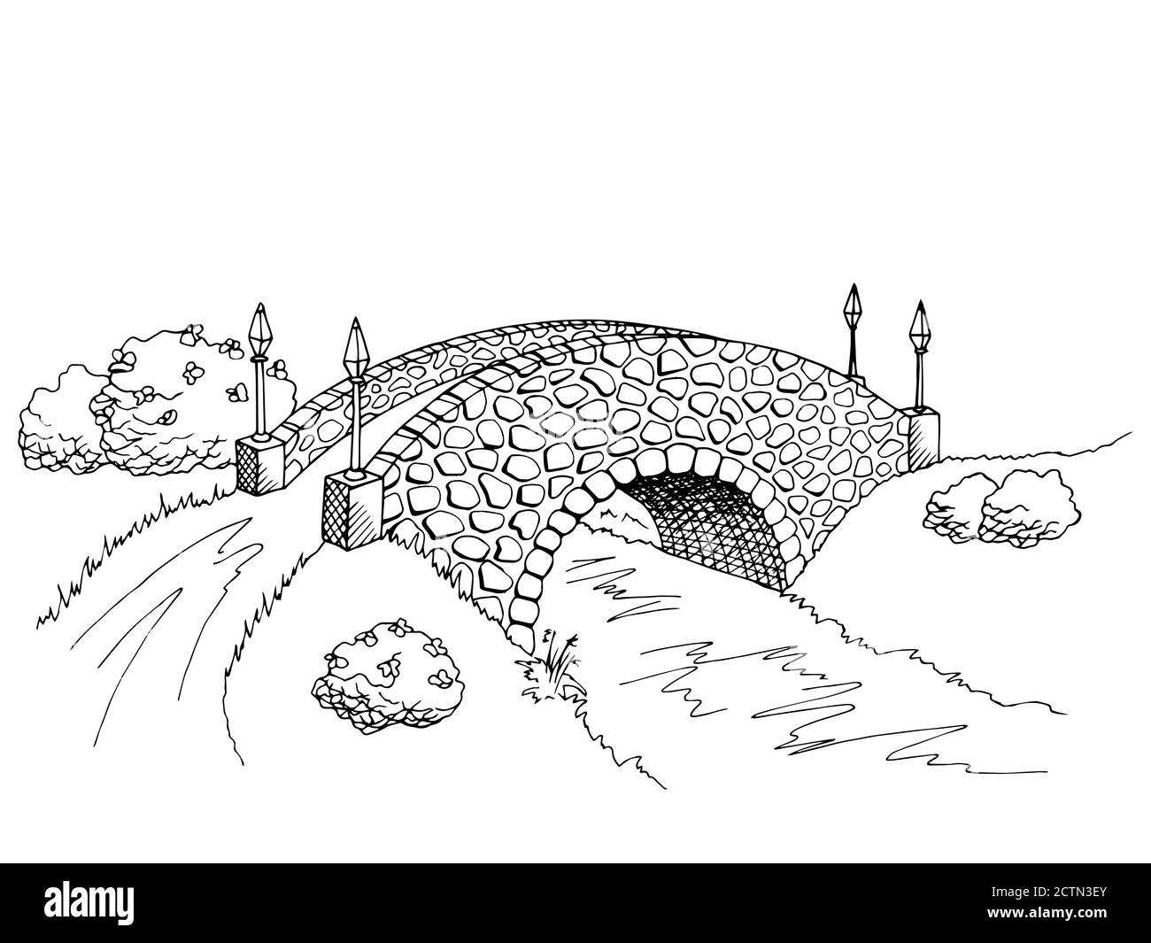 Ponte grafico arte nero bianco fiume illustrazione del paesaggio vettore Illustrazione Vettoriale