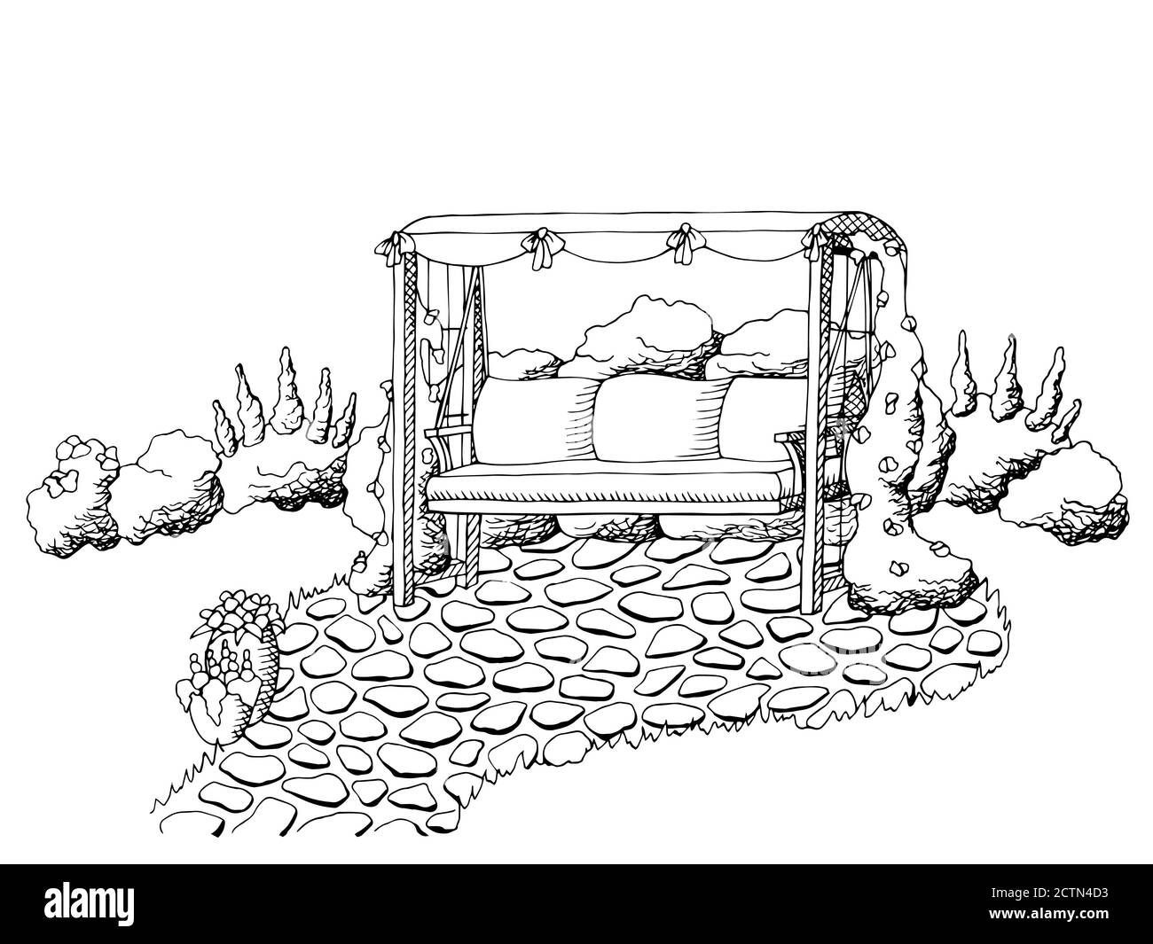 Garden swing grafico arte bianco nero illustrazione del paesaggio vettore Illustrazione Vettoriale