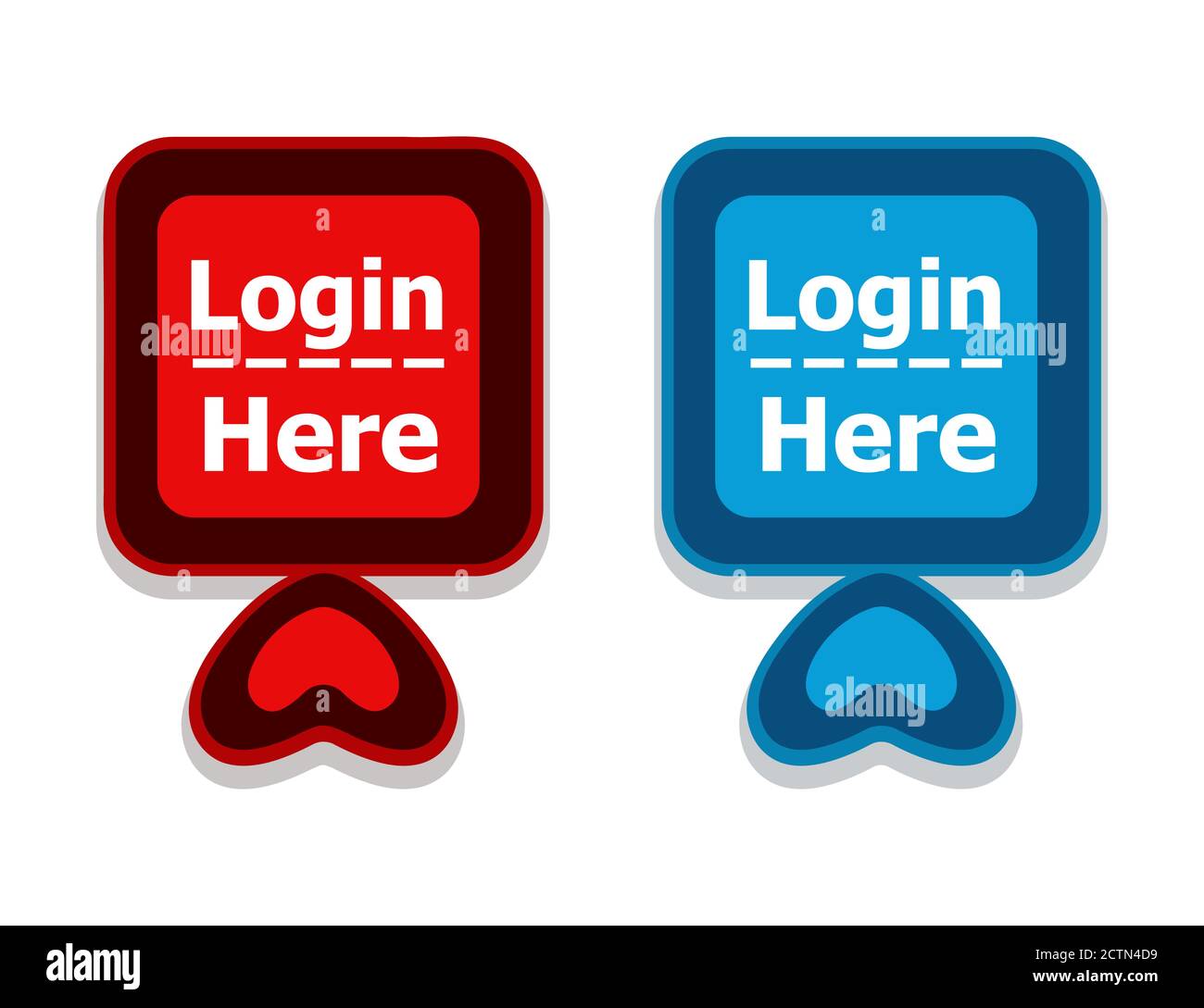 Login qui registra insieme di icone vettoriali per i pulsanti web. Segnale rosso e blu di registrazione. Simbolo dell'interfaccia utente per il nuovo account di accesso al sito Web, membro di registrazione al blog. Illustrazione Vettoriale