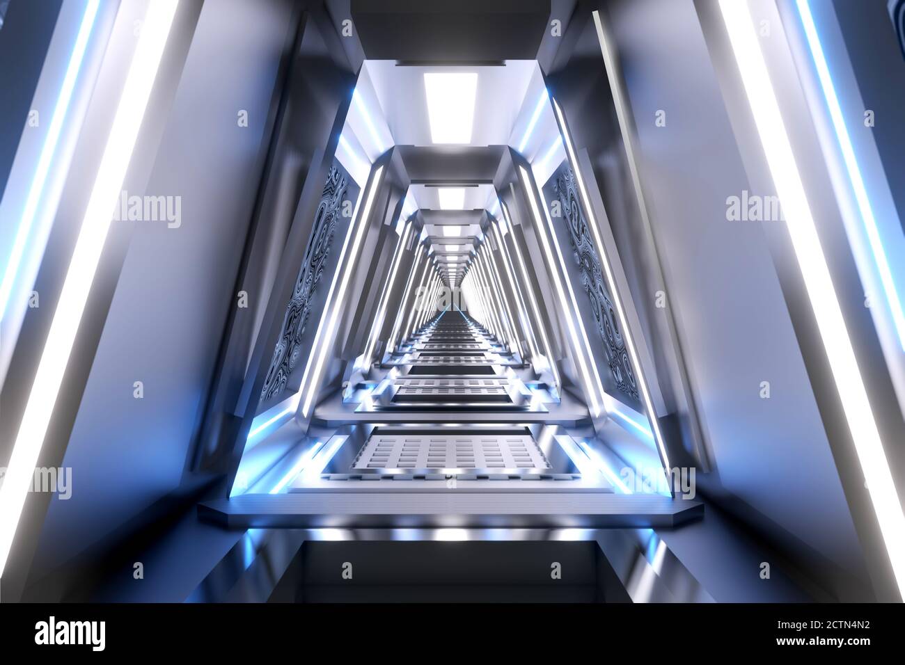 Illustrazione 3D di una nave spaziale aliena o di un corridoio di stazione spaziale. Foto Stock