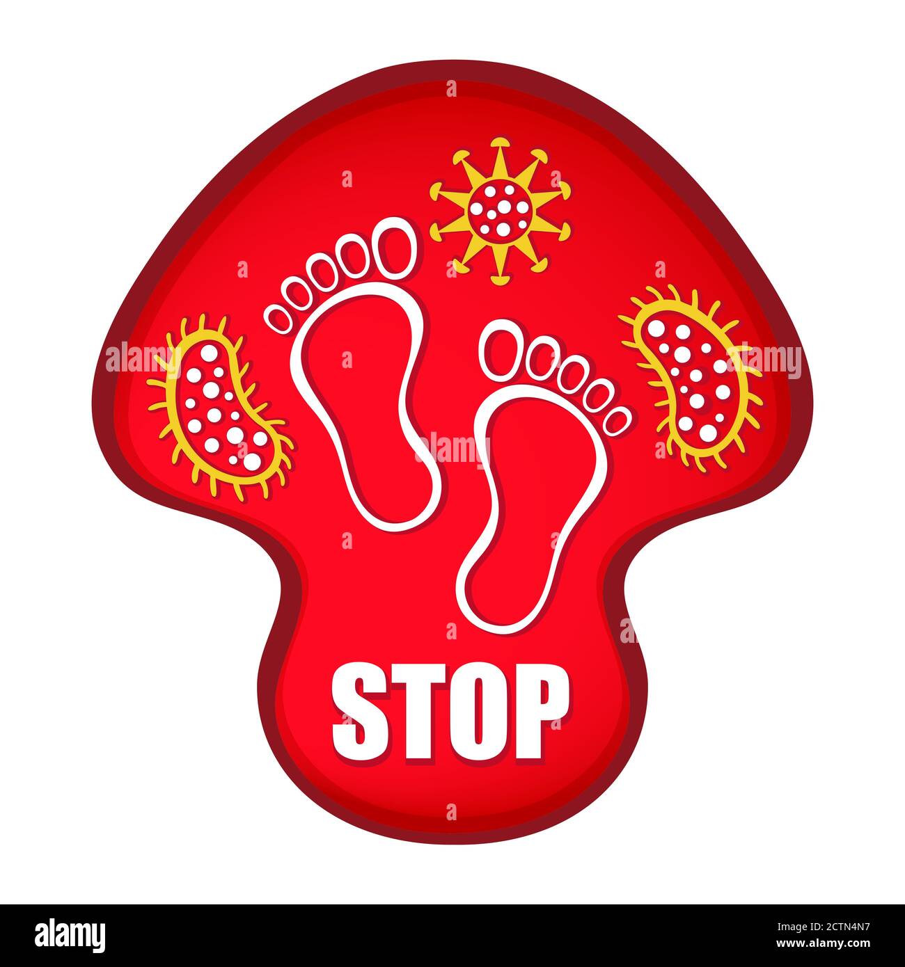 Stop fail fungo infezione segno vettore. Fungo rosso con impronte e batteri fungini in esso. Micosi, malattie della pelle delle gambe, trattamento derma. Illustrazione Vettoriale