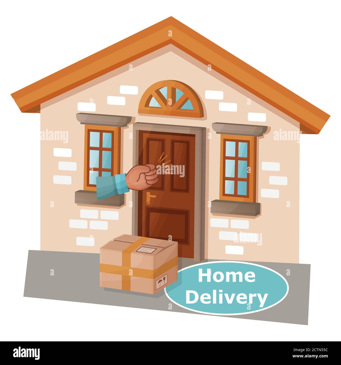 Vettore di servizio di consegna a domicilio. Ordine online. Box portaoggetti sulla porta della casa, battito a mano. Spedizione sicura di merci tramite corriere espresso dal negozio Illustrazione Vettoriale