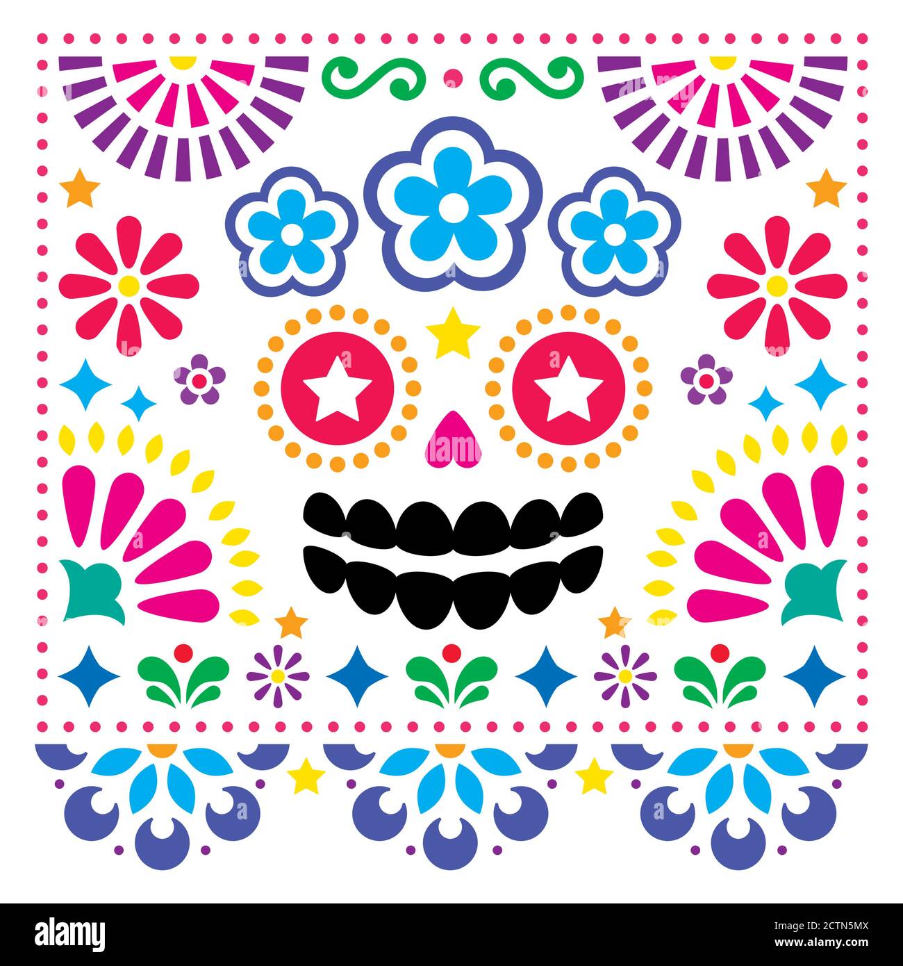 Arte popolare messicana vettore arte popolare design con cranio di zucchero e fiori, colorato Halloween e biglietto d'auguri giorno dei morti Illustrazione Vettoriale