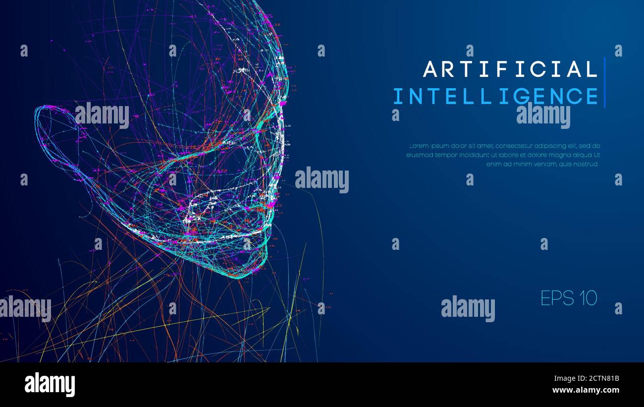 Intelligenza artificiale cervello digitale. Intelligenza artificiale concetto. Testa umana in robot digitale computer interpretazione. Wireframe concetto di testa. Illustrazione Vettoriale