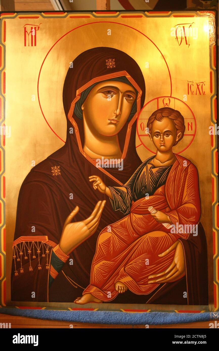 Odegetria - icona cristiana ortodossa raffigurante i Teotoko che tengono il Bambino Gesù Foto Stock