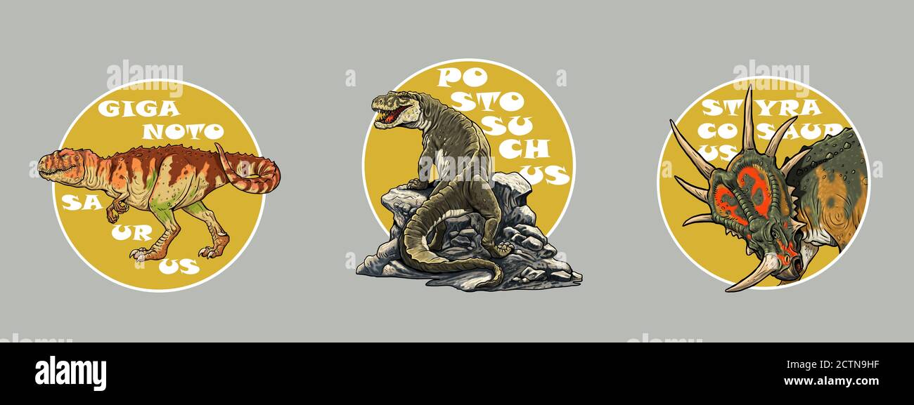 Set di 3 loghi dinosauri. Giganotosauro, Postosuco e Stiracosauro. Illustrazione dei dinosauri. Foto Stock