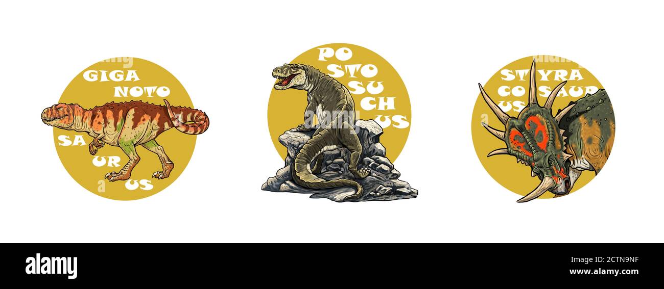 Set di 3 loghi dinosauri. Giganotosauro, Postosuco e Stiracosauro. Illustrazione dei dinosauri. Foto Stock