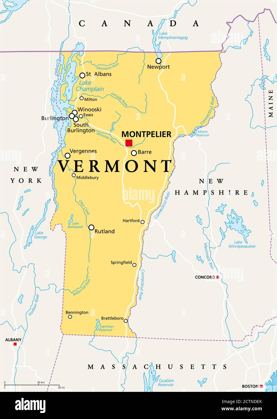 Vermont, VT, mappa politica con capitale Montpelier, frontiere, città, fiumi e laghi. Stato nordorientale nella regione del New England degli Stati Uniti. Foto Stock